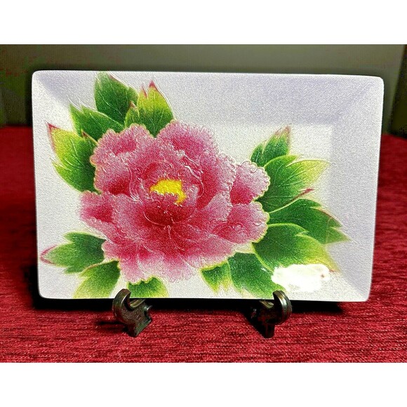 Japanese Ginbari Cloisonné Enamel Small Decorative Tray, Pink Peony Design - Picture 1 of 11
